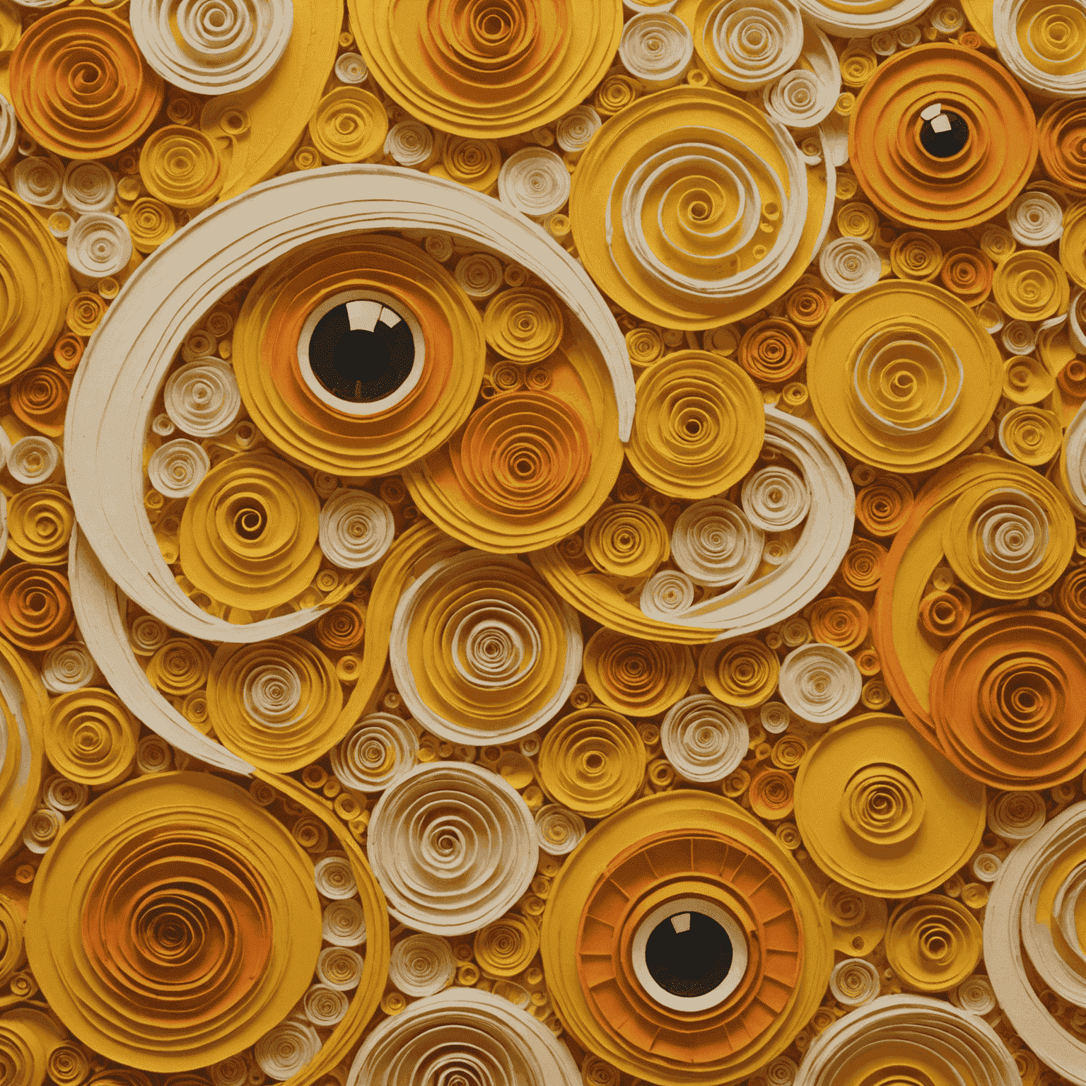 Close-up detail of the collage: Intricate patterns of yellow and orange swirls, with subtle outlines of laughing eyes integrated into the design.